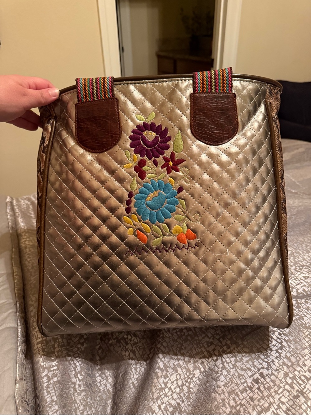 Consuela Metallic Silver Quilted Tote with Multicolor Floral Embroidery